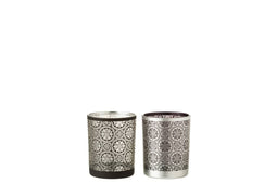 J-Line Theelichthouder Bloemenmandala Glas Zwart/Zilver Medium Assortiment Van 2