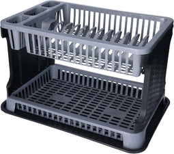 Afwas afdruiprek 2-Laags - grijs/zwart rotan - 45 x 30 x 28 cm - Afwasrek - kunststof - afwassen en drogen