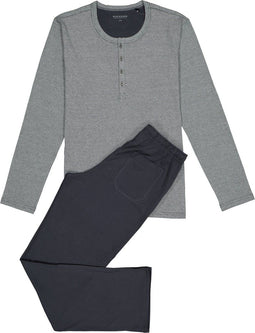 Schiesser Heren Pyjama - Lange broek - Serafinokraag met knoopsluiting - Antraciet