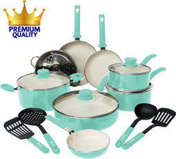 COOCK 19-Delige Pannenset - Inductie - Anti-Aanbak Coating - Ergonomische Koudgrepen - Turquoise (Groen)