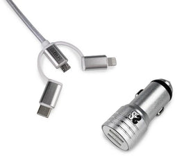 SUBBLIM SUB-CHG-4CC001 - Universele USB-Autolader 2xUSB 2.4A + Kabel 3 in 1 - Zilver
