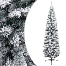 vidaXL - Kunstkerstboom - met - sneeuw - smal - 210 - cm - PVC - groen
