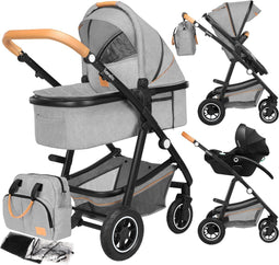Lionelo Amber - 3in1 Kinderwagen - Reiswieg Buggy Autostoel - ADAC getest - Geveerde luchtbanden - Steen Grijs