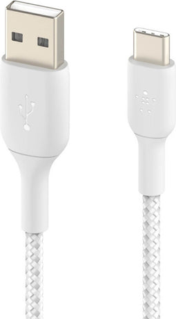 Belkin BOOST↑CHARGE - Gevlochten USB-C naar USB-A Kabel - 3A snelladen - Wit (1m)