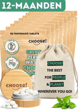 CHOOSE 12-Maandpakket - Tandpasta Tabletten met Bamboe Pot en Katoenen Zakje - 12-Maanden Voorraad - Tandpasta Voordeelverpakking