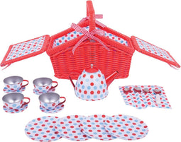 BigJigs Theeservies - 18-Delig Speelgoedservies in Picknickmand - Rood