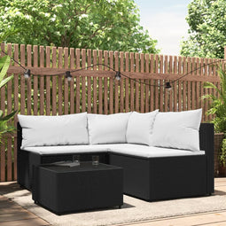 4-delige Loungeset met kussens poly rattan zwart
