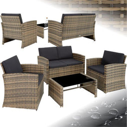tectake® Wicker tuinloungeset - 2-zitsbank met 2 fauteuils en tafel - Comfortabele kussens - Beige