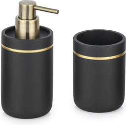 Badkamerset zeeppompje en beker/tandenborstelhouder mat zwart/goud kunststof 17 cm - badkamer accessoires