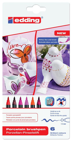 edding 4200 porselein stiften - warme kleuren set - 6 stiften - flexibele penseelpunt 1-4mm - viltstift voor het schilderen en decoreren van keramiek porselein - vaatwasmachinebestendig, lichtechte inkt, sneldrogend