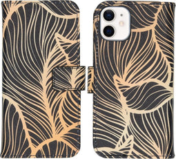 iMoshion Hoesje Geschikt voor iPhone 12 Mini Hoesje Met Pasjeshouder - iMoshion Design Softcase Bookcase - Goud / Zwart / Golden Leaves