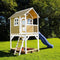 AXI Sarah Speelhuis in Bruin/Wit - Met Verdieping, Blauwe Glijbaan en Zandbak - Speelhuisje voor de tuin / buiten - FSC hout - Speeltoestel voor kinderen