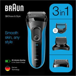 Braun Series 3 Shave&Style 3010BT - Elektrisch Scheerapparaat - 3-in-1 voor scheren trimmen afwerken - Zwart/Blauw