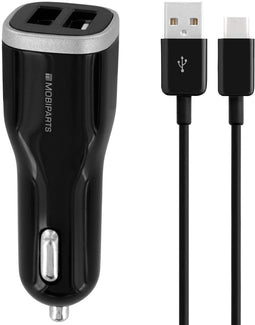 Mobiparts Car Charger - Dual USB 2.4A met USB-C Kabel - Smart IC - Zwart
