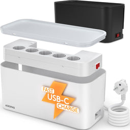ACROPAQ Kabelbox stekkerdoos - Met geïntegreerde stekkerdoos, Kabel box voor snoeren wegwerken, 5 x EU stopcontact + USB-A, QC USB-A, USB-C - Kabeldoos, Kabelboxen, Cablebox, Kabelbox Wit