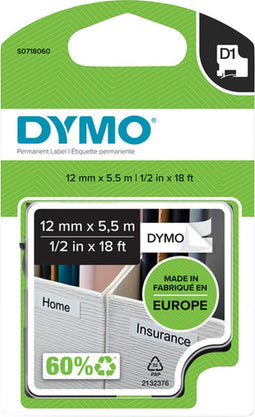 DYMO D1 - Zelfklevende nylon labels - 12 mm x 5,5 m zwart op wit (1 stuk)