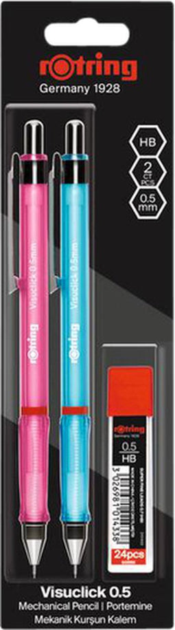 Vulpotlood rOtring Visuclick 2B 0.5mm blister à 2 stuks assorti + extra potloodstiften