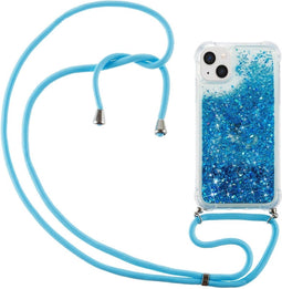 Lunso - Backcover hoes met koord - Geschikt voor iPhone 14 - Glitter Blauw