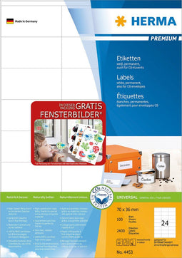 Herma 12886 - Zelfklevend printerlabel - 70x36mm A4 vellen - Wit (2400 stuks)