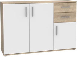 IKOLI opbergmeubel - 3 deuren, 2 laden - Sonoma eiken en wit decor - L119,6 x D31,4 x H81,7 cm - Kunststof handgrepen