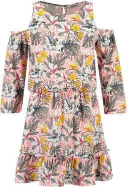 Garcia Meisjes Jurk - Lange mouwen - Tropische print - Neon orange