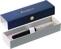 Waterman Emblème-vulpen | zwart met chromen rand | medium penpunt met blauwe-inktpatroon | cadeauverpakking