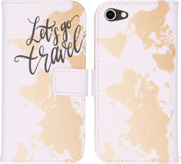 iMoshion Hoesje Geschikt voor iPhone 7 / 8 / SE (2020) / SE (2022) Hoesje Met Pasjeshouder - iMoshion Design Softcase Bookcase - Wit / Meerkleurig / Goud / Let's Go Travel White