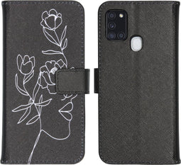 iMoshion Hoesje Geschikt voor Samsung Galaxy A21s Hoesje Met Pasjeshouder - iMoshion Design Softcase Bookcase - Wit / Zwart / Woman Flower Black