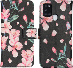 iMoshion Hoesje Geschikt voor Samsung Galaxy A21s Hoesje Met Pasjeshouder - iMoshion Design Softcase Bookcase - Zwart / Roze / Blossom Watercolor Black