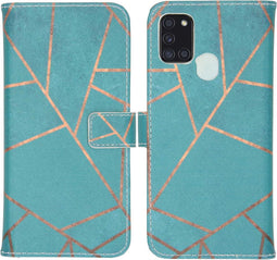 iMoshion Hoesje Geschikt voor Samsung Galaxy A21s Hoesje Met Pasjeshouder - iMoshion Design Softcase Bookcase - Goud / Meerkleurig / Blauw / Blue Graphic