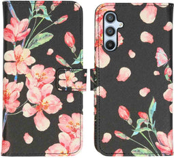 iMoshion Hoesje Geschikt voor Samsung Galaxy A34 (5G) Hoesje Met Pasjeshouder - iMoshion Design Softcase Bookcase - Zwart / Blossom Watercolor Black