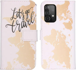 iMoshion Hoesje Geschikt voor Samsung Galaxy A72 Hoesje Met Pasjeshouder - iMoshion Design Softcase Bookcase - Wit / Meerkleurig / Goud / Let's Go Travel White