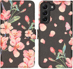 iMoshion Hoesje Geschikt voor Samsung Galaxy S22 Plus Hoesje Met Pasjeshouder - iMoshion Design Softcase Bookcase - Zwart / Blossom Watercolor Black