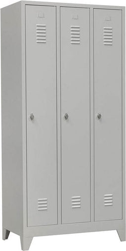 Industriële locker garderobekast 3- delig rood op de sokkel en opening voor hangoogsluiting (zonder hangslot geleverd)