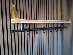 Industriële Wandkapstok - 90 Cm - Kapstok met Bovenplank - Steigerhout - 6 Haken - Metalen plankdragers Goud