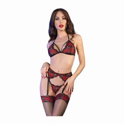 Ondergoed Set Chilirose Zwart Rood L/XL 4 Onderdelen
