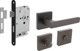 Intersteel Deurbeslag set toiletslot 63/8mm zwart met deurkruk Hera en WC-sluiting antraciet grijs