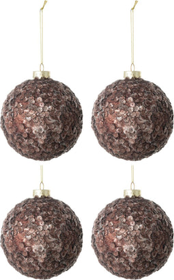 J-Line kerstbal Paillettensuiker - glas - donkerbruin - medium - doos van 4