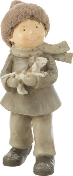 J-Line figuur Jongen Winter Hond - polyresin - mix