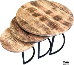 Iron Round Coffee Table (Set of 3) 77/58/42 Iron Stand Black, Wood Natural Finish