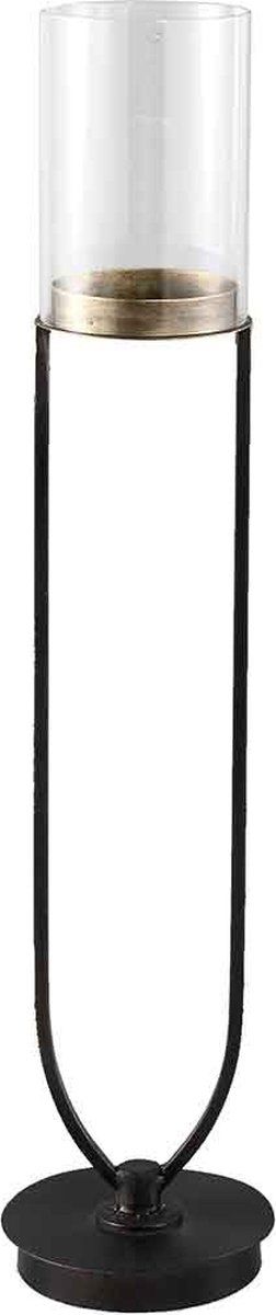 PTMD Vaily Windlicht Op Standaard - H57 x Ø12 cm - Glas/ijzer - Zwart