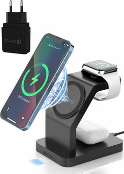 iSetchi Draadloze Oplader 3-in-1 - Geschikt voor MagSafe iPhone (8-16), Apple Watch & Airpods - Laadstation Met QC 3.0 adapter - Qi Oplaadstation - 15W Wireless Fast Charger - Snellader