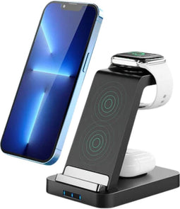 iSetchi PowerDock Draadloze Oplader met 15 Watt Snelladen (3-in-1) - Laadstation met QC 3.0 Adapter - Qi Oplaadstation - Snellader - Wireless Fast Charger Geschikt voor Apple iPhone, AirPods & Apple Watch