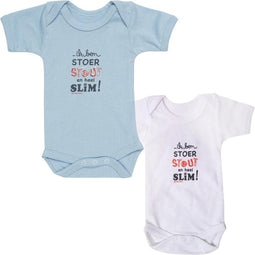 ISI Mini - Set 62/68 Romper km blauw + Tekst: Ik ben stoer, stout en heel slim