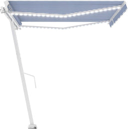 vidaXL - Luifel - handmatig - uittrekbaar - met - LED - 450x300 - cm - blauw - en - wit