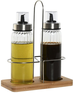 Items Azijn/Olie flessen tafelset - glas/metaal/bamboe - transparant - met schenktuit - modern/design