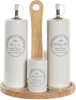 Items Azijn/Olie flessen tafelset - met peper/zout vaatjes - keramiek/bamboe - wit - modern/design