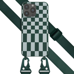 Selencia Hoesje Met Koord Geschikt voor iPhone 14 Pro Max - Selencia Siliconen design hoesje met afneembaar koord - Groen / Irregular Check Green