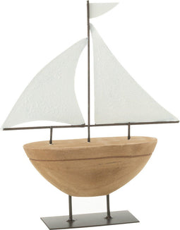 J-Line decoratie Boot op voet - hout/metaal - naturel/wit - small