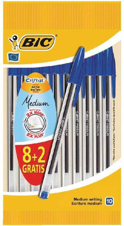 Bic - Balpen Cristal blauw medium zakje à 8+2 gratis | Zak a 10 stuk | 10 stuks